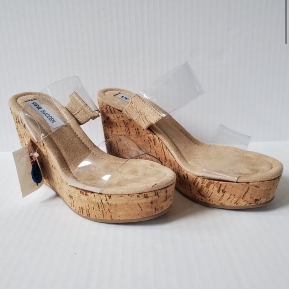 Steve Madden Vanhi Clear Cork Wedge Sandal 6.5 NEW